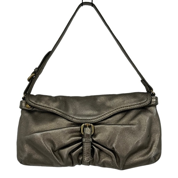 KOOBA Olivia Buttery Metallic Pleated Leather Flap Front Pewter Y2K Baguette Bag - Picture 2 of 9